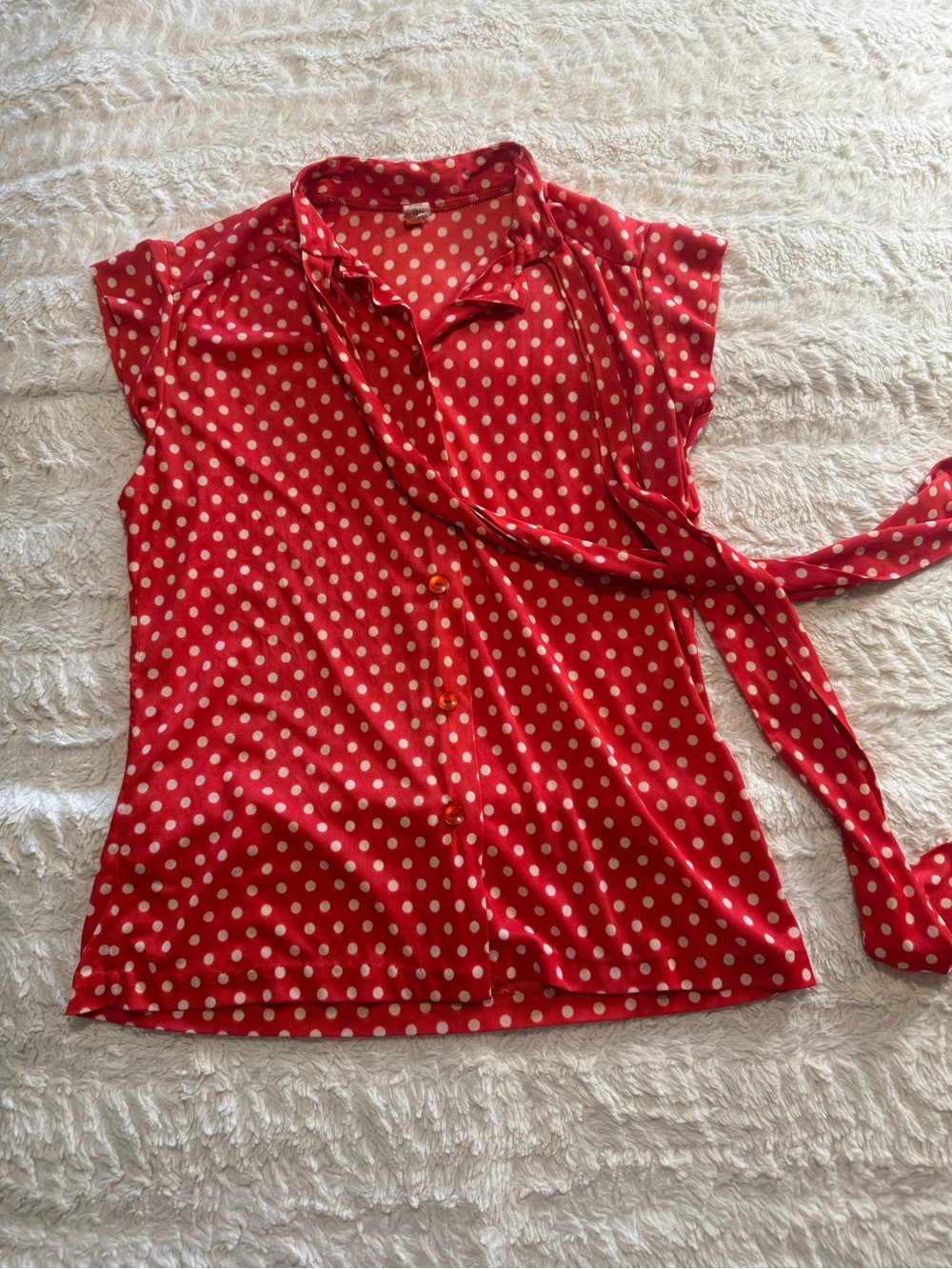 Vintage 70s ILGWU Red Polka Dot Blouse Cap Sleeve Retro Size 38
